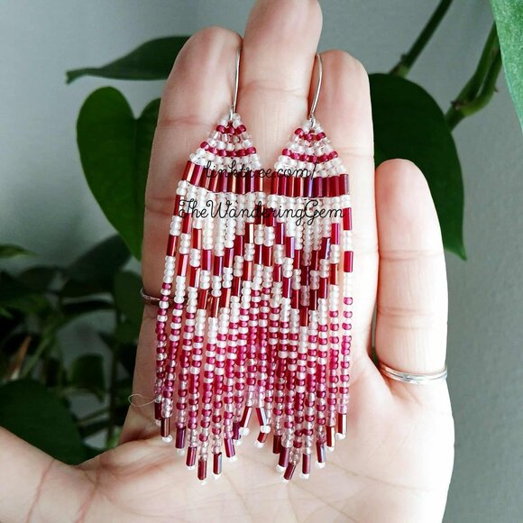 Boho Chic Beaded Fringe Cascade Dangle Earrings, Plum & White, 4" - Picture 4 of 8